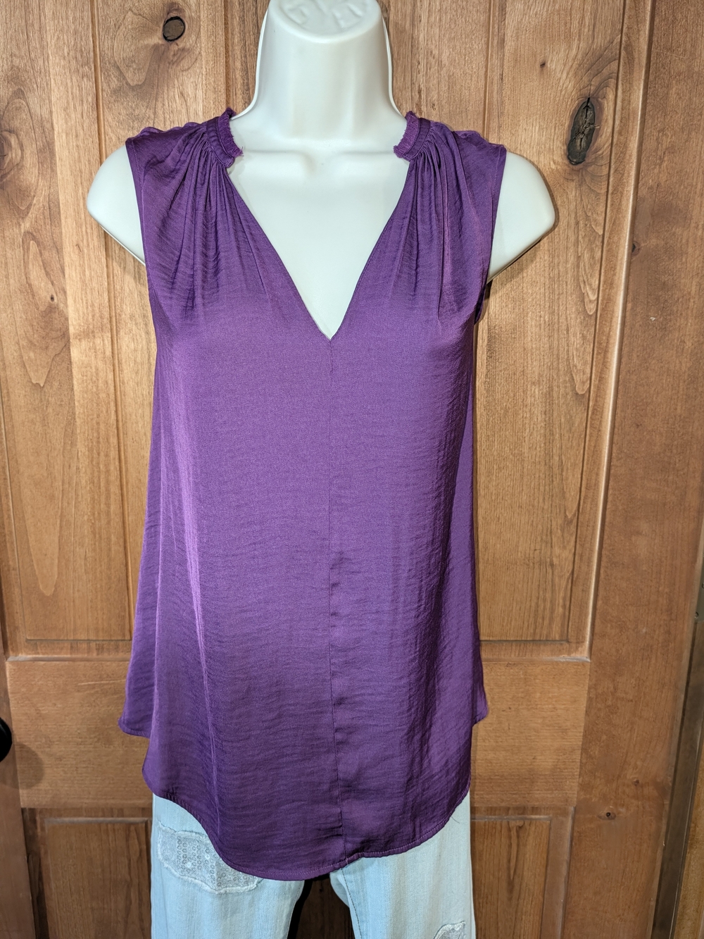 a.n.a Purple Sleeveless Gathered Shoulder Top With Short Fringe Collar